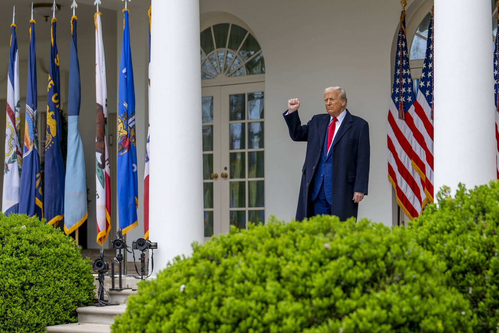 Um homem está em pé na varanda da Casa Branca, levantando o punho. Ele usa um terno escuro e uma gravata vermelha. Ao fundo, há várias bandeiras dos Estados Unidos e de estados, além de uma porta de vidro. A vegetação verde está visível na parte inferior da imagem.