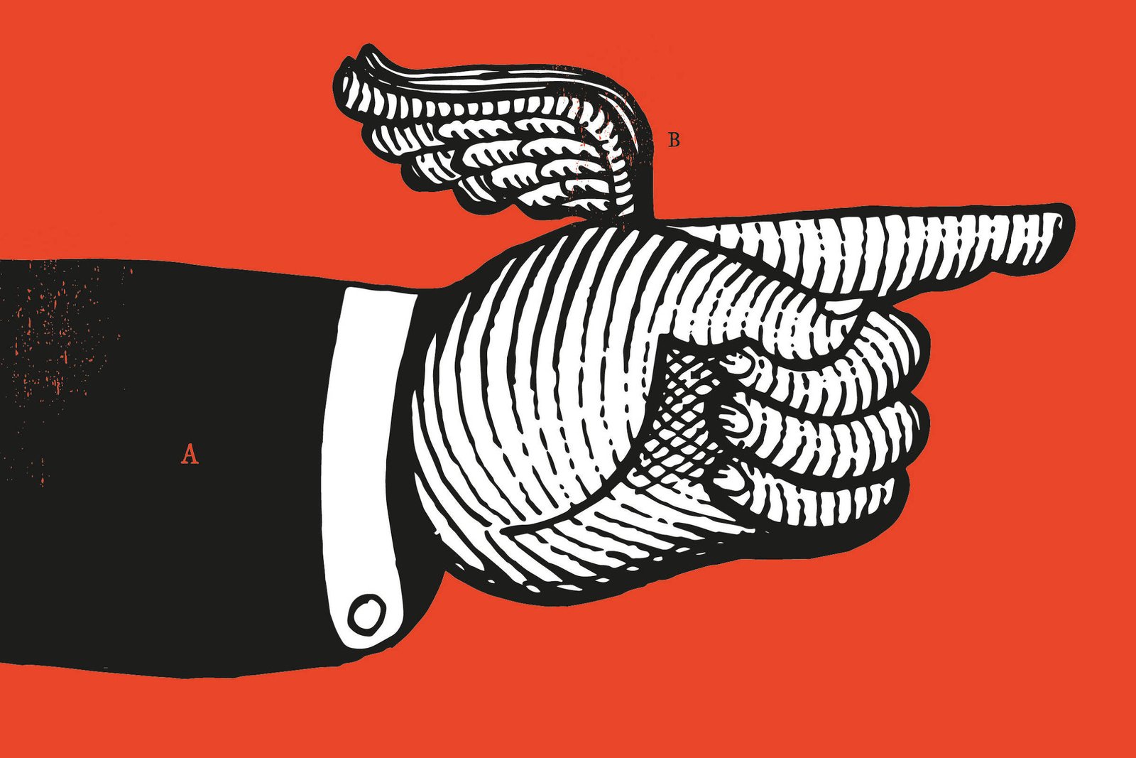 A imagem mostra uma mão estilizada, com um dedo indicador apontando para a direita. A mão é desenhada em preto e branco, com detalhes que incluem uma manga de camisa e um punho. Acima do dedo, há uma asa, também em preto e branco. O fundo da imagem é de uma cor laranja vibrante.