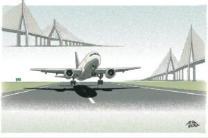 A ilustração mostra um avião de médio porte pousando em uma pista de asfalto. A aeronave aparece em primeiro plano, ligeiramente inclinada para cima, com o trem de pouso ainda estendido e as duas turbinas visíveis.   Ao fundo, dos dois lados da pista, há uma grande ponte estaiada, com cabos em formato triangular sustentados por pilares altos e robustos. O desenho enfatiza a perspectiva: a pista segue em linha reta até o horizonte, onde se encontram as estruturas da ponte.   No canto esquerdo da grama que margeia a pista, vê-se uma pequena bandeira do Brasil. O céu é claro, em tom esverdeado e granulado, sem nuvens.   No rodapé direito, há a assinatura do artista: Amarildo.