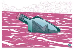 A ilustração de Luciano Salles, publicada na Folha de São Paulo no dia 21 de setembro de 2025, mostra uma garrafa de vidro com um tampa de rolha flutuando no meio do oceano. Dentro da garrafa, a mensagem é um barquinho de papel. O oceano está é cor de rosa, a garrafa de vidro é azul e ao fundo, no horizonte, nuvens em um tom rosa mais claro complementa a ilustração