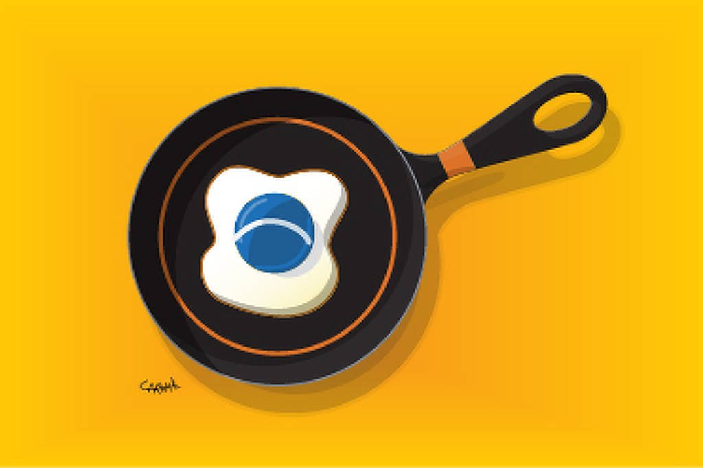 A imagem mostra uma frigideira preta com um ovo frito. O ovo tem a clara branca e a gema é representada por um círculo azul, uma bandeira do Brasil estilizada. O fundo da imagem é amarelo.