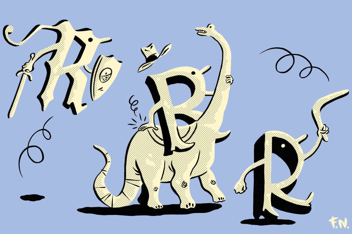 A imagem apresenta uma composição artística com letras estilizadas que se assemelham a animais. Um elefante é representado com a letra