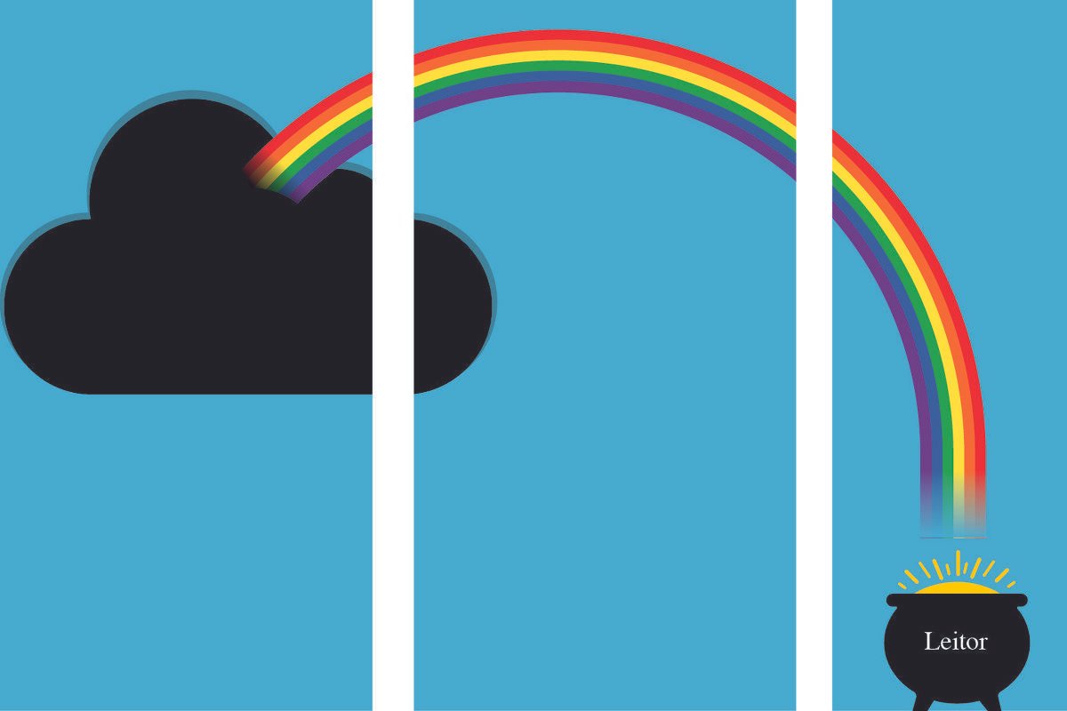 Um arco-íris sai de uma nuvem escura e vai terminar num pote de ouro onde se lê a palavra