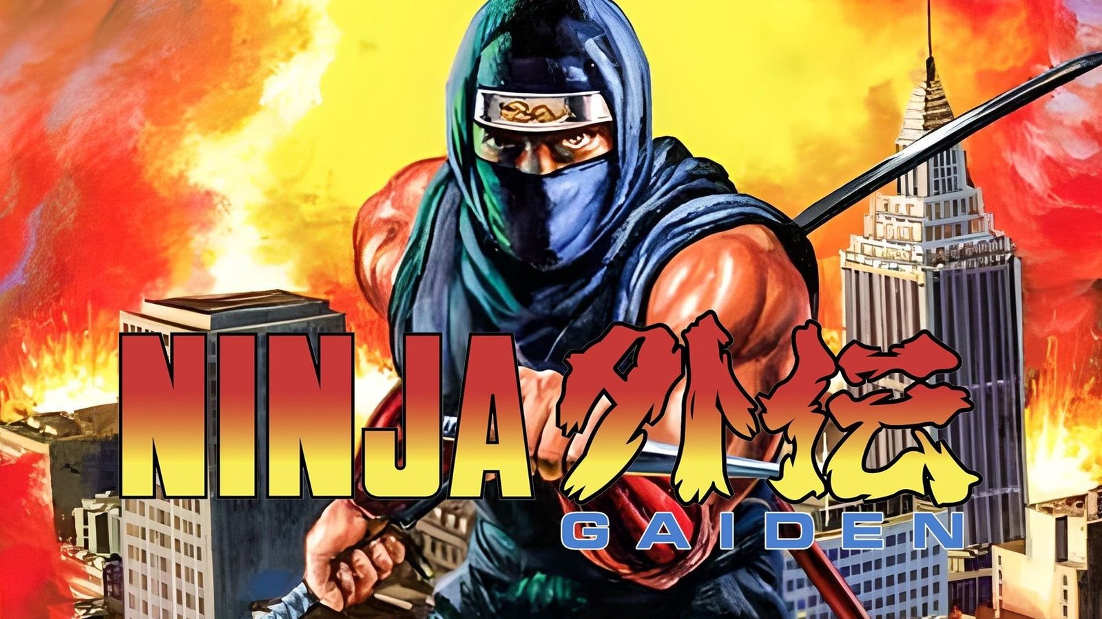 capa-do-jogo-ninja-gaiden-com-guerreiro-mascarado-empunhando-espada-em-frente-a-prédios-em-chamas