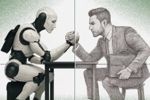 A ilustração está dividida verticalmente em duas metades. À esquerda, um robô humanoide moderno aparece sentado em um banco baixo, curvado sobre uma mesa, com os braços musculosos e metálicos estendidos para um duelo de queda de braço. O robô é branco com detalhes pretos e tem formas futuristas, lembrando uma figura atlética e poderosa. Sua expressão é séria e concentrada. À direita, um homem de terno e gravata, desenhado em traço preto e branco como um esboço a lápis, está sentado de maneira espelhada ao robô. Ele segura uma pasta executiva com a mão esquerda e trava a queda de braço com a direita, também com expressão determinada e intensa. A cena mostra um embate simbólico entre tecnologia (IA) e ser humano. O chão tem um leve tom esverdeado, e ao fundo há um gradiente verde que destaca as figuras. No canto inferior direito, está a assinatura do artista Amarildo acompanhada da inscrição +IA.