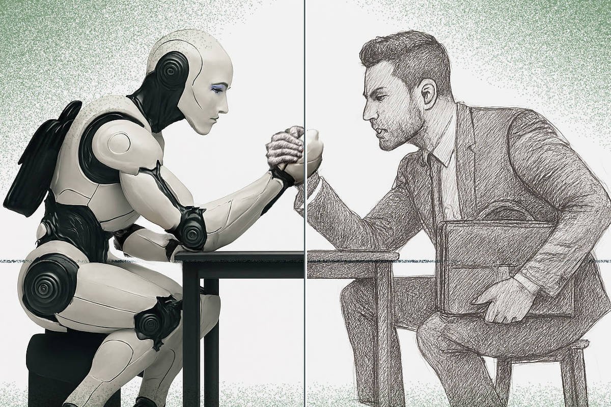 A ilustração está dividida verticalmente em duas metades. À esquerda, um robô humanoide moderno aparece sentado em um banco baixo, curvado sobre uma mesa, com os braços musculosos e metálicos estendidos para um duelo de queda de braço. O robô é branco com detalhes pretos e tem formas futuristas, lembrando uma figura atlética e poderosa. Sua expressão é séria e concentrada.    À direita, um homem de terno e gravata, desenhado em traço preto e branco como um esboço a lápis, está sentado de maneira espelhada ao robô. Ele segura uma pasta executiva com a mão esquerda e trava a queda de braço com a direita, também com expressão determinada e intensa.    A cena mostra um embate simbólico entre tecnologia (IA) e ser humano. O chão tem um leve tom esverdeado, e ao fundo há um gradiente verde que destaca as figuras. No canto inferior direito, está a assinatura do artista Amarildo acompanhada da inscrição +IA.