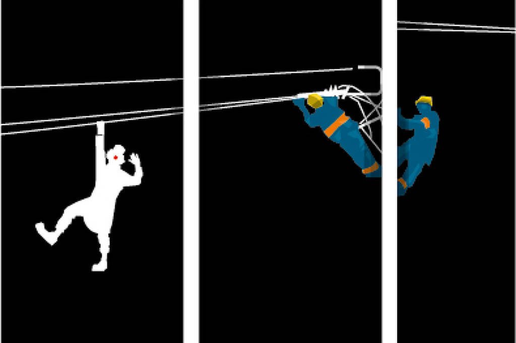 A figura de palhaço está pendurada nos fios de alta tensão de um posto enquanto o mesmo é reparado por dois técnicos uniformizados.