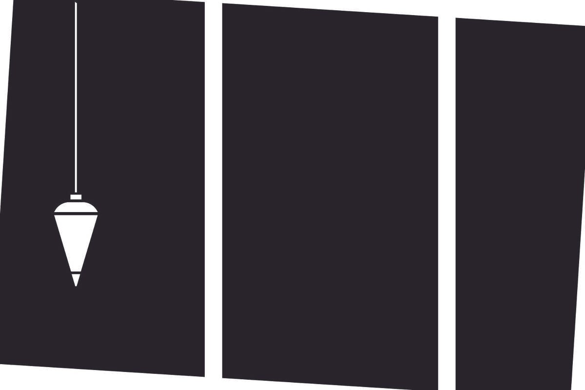 Ilustração em preto sob fundo branco de um fio de prumo contrasta com um fundo escuro desalinhado.