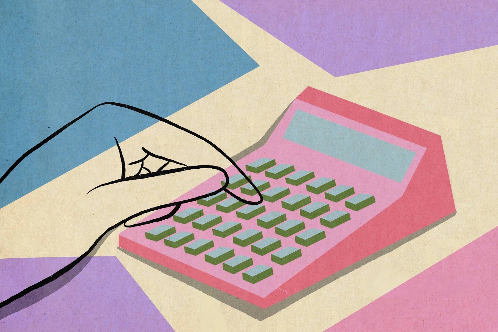 Desenho estilizado mostra uma mão desenhada em linhas pretas pressionando botões de uma calculadora rosa com teclas verdes, sobre fundo geométrico em tons de azul, lilás e bege.