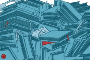 A ilustração de Luciano Salles, publicada na Folha de São Paulo no dia 18 de janeiro de 2026, mostra um amontoado de livros fora de ordem, um tanto bagunçado. Entre tantos livros, no meio deles, há duas facas, um telefone antigo. Toda ilustração é azul. A excessão, em vermelho, são dois marcadores de páginas e uma folha solta ali no meio dos livros