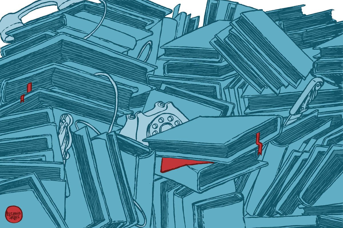 A ilustração de Luciano Salles, publicada na Folha de São Paulo no dia 18 de janeiro de 2026, mostra um amontoado de livros fora de ordem, um tanto bagunçado. Entre tantos livros, no meio deles, há duas facas, um telefone antigo. Toda ilustração é azul. A excessão, em vermelho, são dois marcadores de páginas e uma folha solta ali no meio dos livros