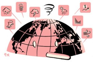 Globo terrestre estilizado em preto e rosa com linhas de latitude e longitude. Ao redor, ícones representam fenômenos como tempestade com raio, tornado, chuva, vento forte, granizo, queda econômica e aumento de preços.