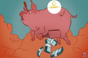 A ilustração de Luciano Salles, publicada na Folha de São Paulo no dia 15 de fevereiro de 2026, mostra um porco daqueles que se poupa moedas. O porco, de cor rosa, parece ter vida. Nas costas há o local para depositar as moedas e, em destaque, uma moeda está quase entrando no local. Na barriga do porco existe uma abertura por onde saem e caem maços de dinheiro. O porquinho tem um par de pequenas assas que o faz voar sobre nuvens vermelhas ante um céu esverdeado