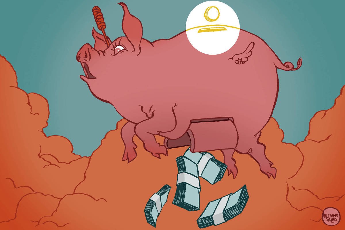 A ilustração de Luciano Salles, publicada na Folha de São Paulo no dia 15 de fevereiro de 2026, mostra um porco daqueles que se poupa moedas. O porco, de cor rosa, parece ter vida. Nas costas há o local para depositar as moedas e, em destaque, uma moeda está quase entrando no local. Na barriga do porco existe uma abertura por onde saem e caem maços de dinheiro. O porquinho tem um par de pequenas assas que o faz voar sobre nuvens vermelhas ante um céu esverdeado