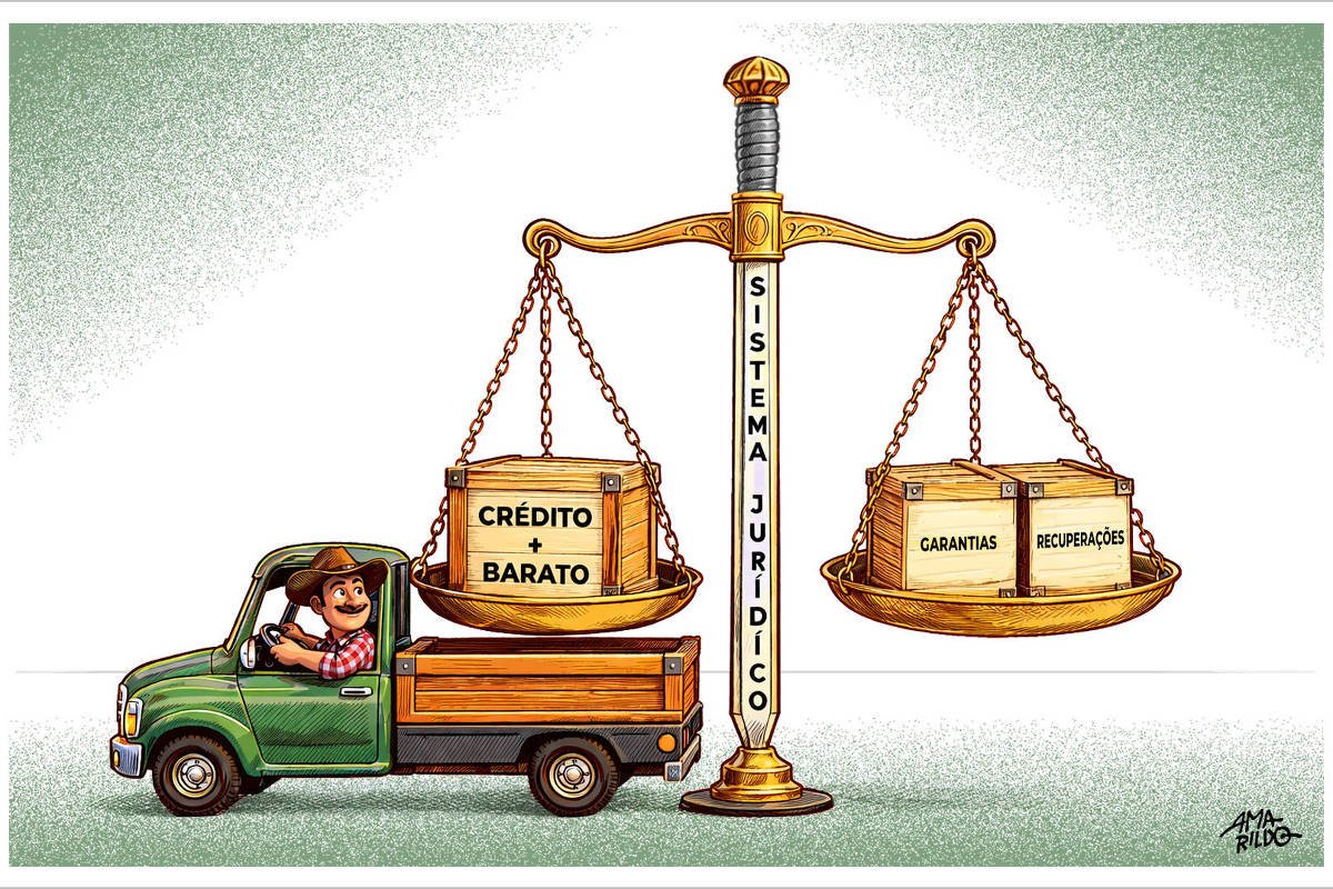 A Ilustração tem um fundo claro e leve textura esverdeada nas bordas. No centro, uma grande balança dourada, em formato de espada, representa o sistema jurídico  a lâmina vertical traz a inscrição SISTEMA JURÍDICO.    À esquerda da balança, há uma caminhonete verde típica do agronegócio. Dentro dela, um fazendeiro de pele clara, sorridente, usa chapéu marrom e camisa xadrez vermelha. Na carroceria, vê-se um caixote de madeira.    No prato esquerdo da balança, apoiado sobre a caminhonete, há um caixote de madeira com a inscrição CRÉDITO + BARATO. Já no prato direito, estão dois caixotes menores, também de madeira, com as palavras GARANTIAS e RECUPERAÇÕES.    Os dois lados da balança estão equilibrados, sugerindo igualdade de peso entre os elementos. A cena transmite a ideia de equilíbrio entre acesso a crédito mais barato e as exigências legais, como garantias e processos de recuperação.