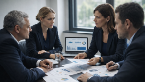 Executivos analisando relatórios e discutindo dados comportamentais em reunião corporativa