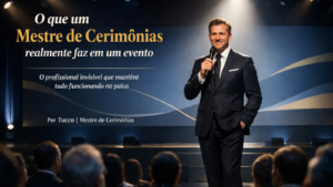 Mestre de cerimônias apresentando evento corporativo em um palco iluminado, segurando microfone diante de plateia, com título sobre o papel do mestre de cerimônias em eventos.