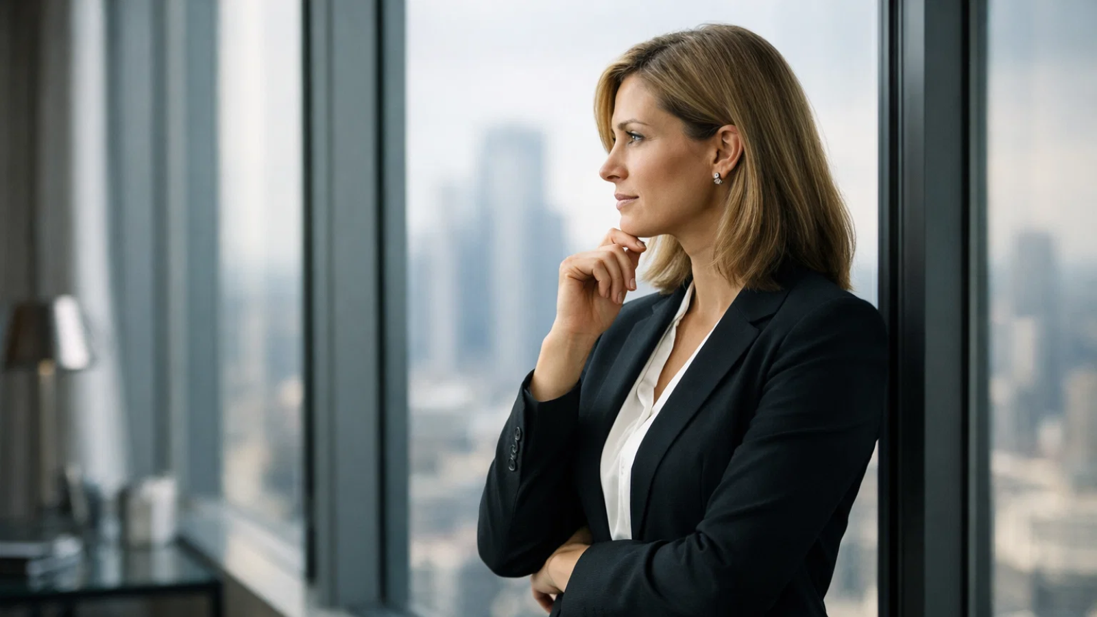 Executiva observando a cidade pela janela de um escritório, refletindo sobre decisões estratégicas de carreira.