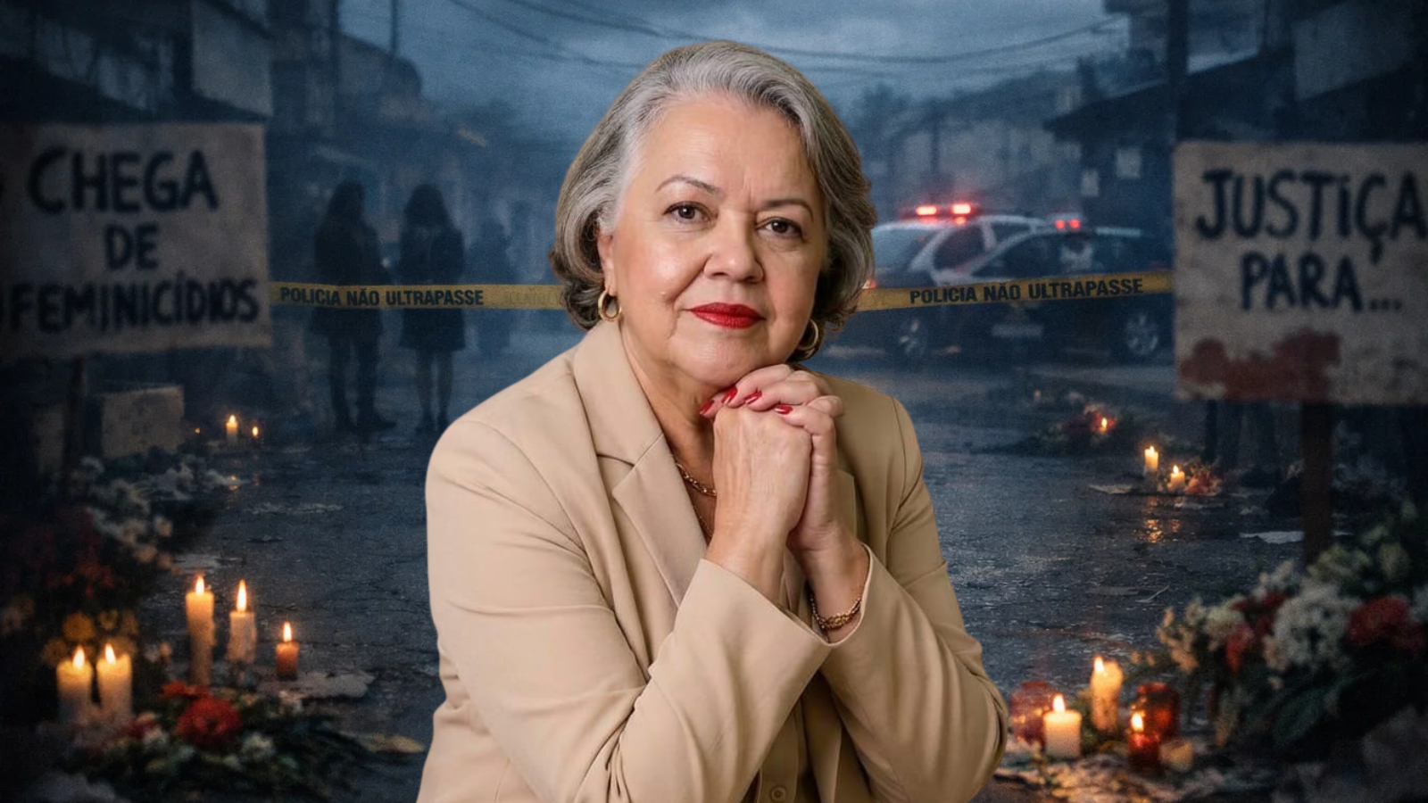 Mulher em primeiro plano com expressão firme diante de cenário urbano com velas, faixa policial e cartazes contra feminicídio ao fundo