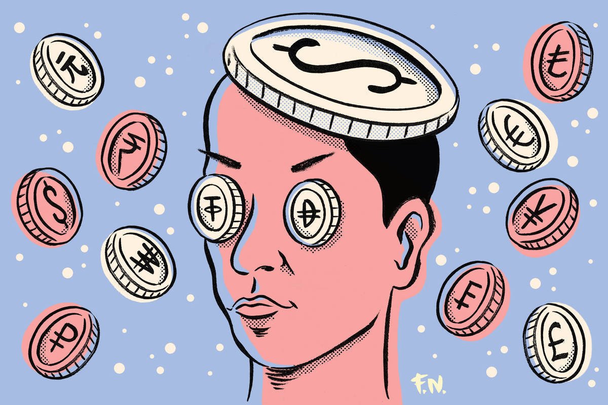 Ilustração mostra uma pessoa com moedas nos olhos e uma moeda grande na cabeça, todas com símbolos de moedas internacionais como dólar, euro, libra e iene, flutuando em fundo azul.