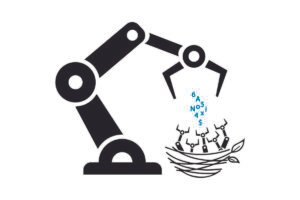 Um robô alimenta com letras pequenos robôs num ninho.