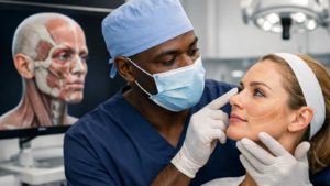 Cirurgião-dentista analisando anatomia facial de paciente durante planejamento de cirurgia estética facial em clínica especializada.