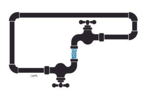 Ilustração mostra um sistema de canos pretos com duas torneiras. Uma delas está aberta e apresenta um vazamento de água azul.