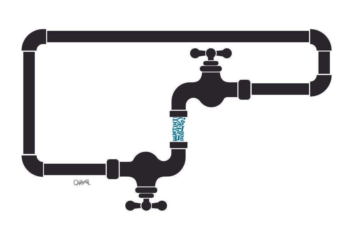 Ilustração mostra um sistema de canos pretos com duas torneiras. Uma delas está aberta e apresenta um vazamento de água azul.