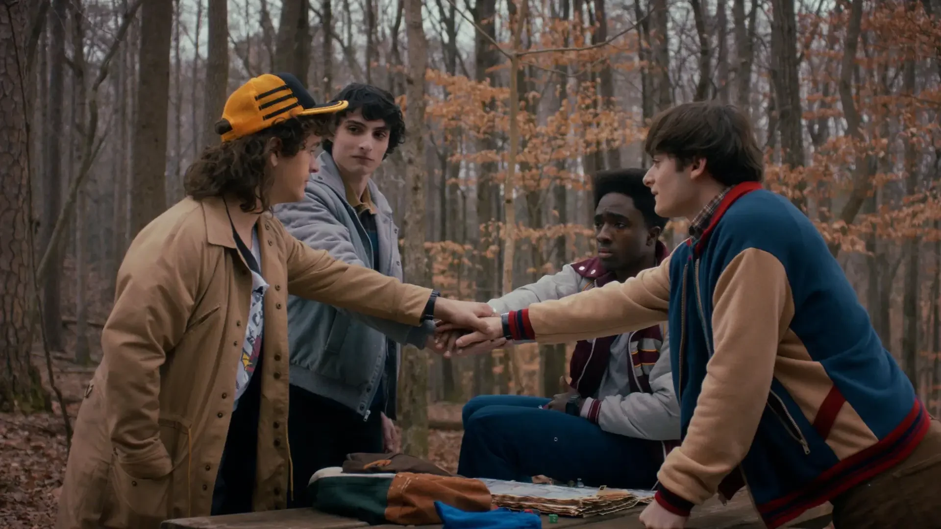 stranger-things-grupo-de-amigos-dustin-mike-will-lucas-na-floresta