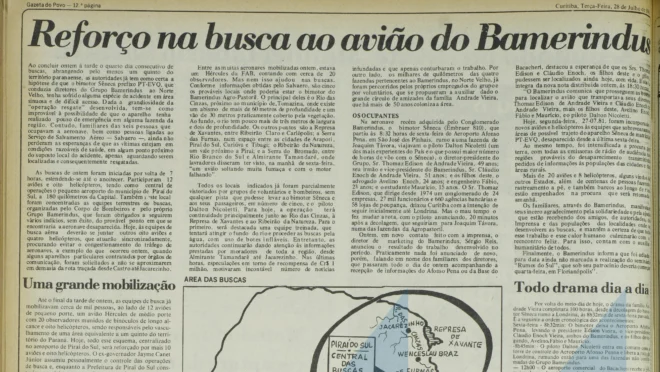 Matéria da Gazeta do Povo de 28 de junho de 1981 relata mobilização para busca da aeronave em que estava cúpula do Bamerindus